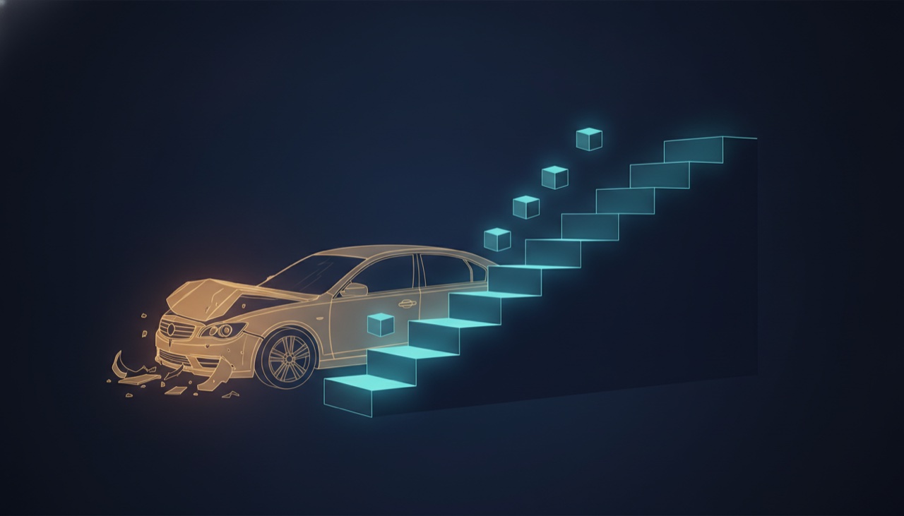 A sedan with a crumpled front fender beside a rising staircase of glowing blocks