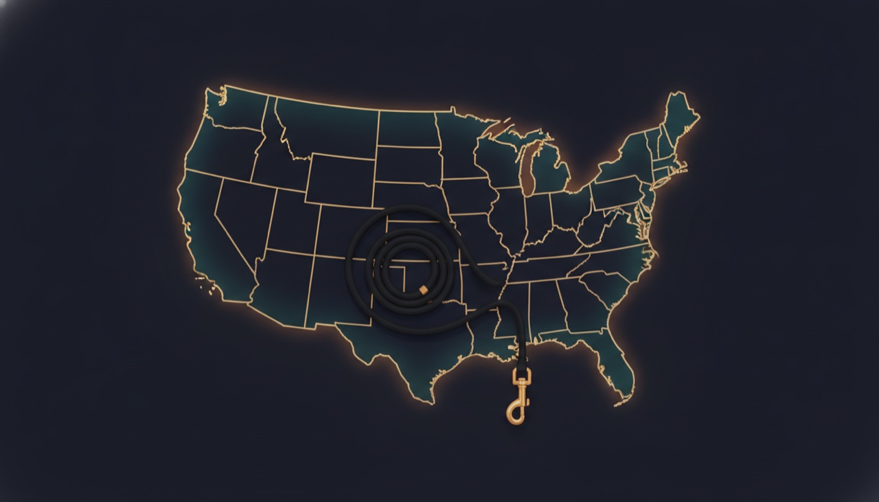 A coiled dog leash beside an outline map of the United States with glowing state borders