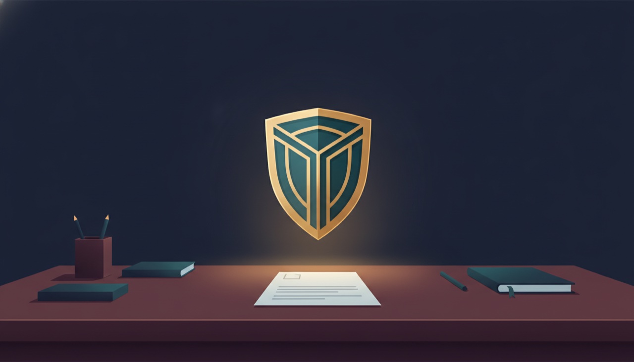 An office desk with a glowing shield emblem and a document