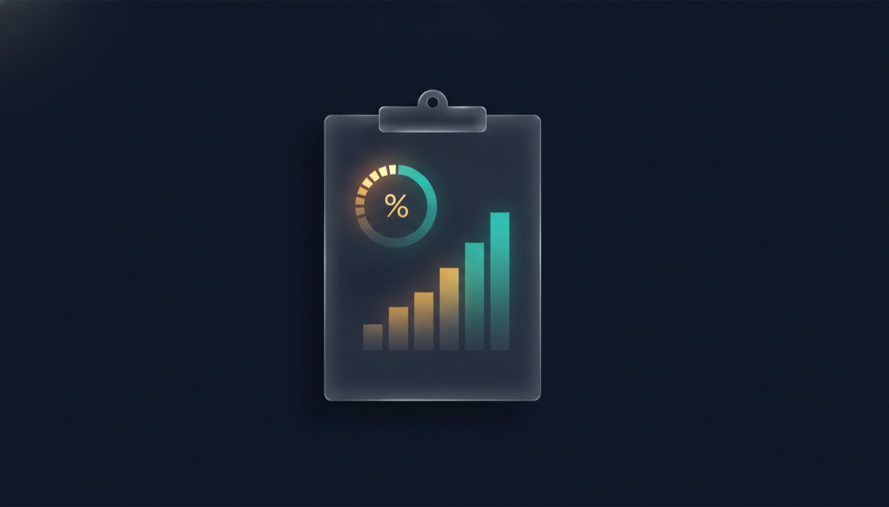 A clipboard with a circular percentage dial beside ascending glowing blocks