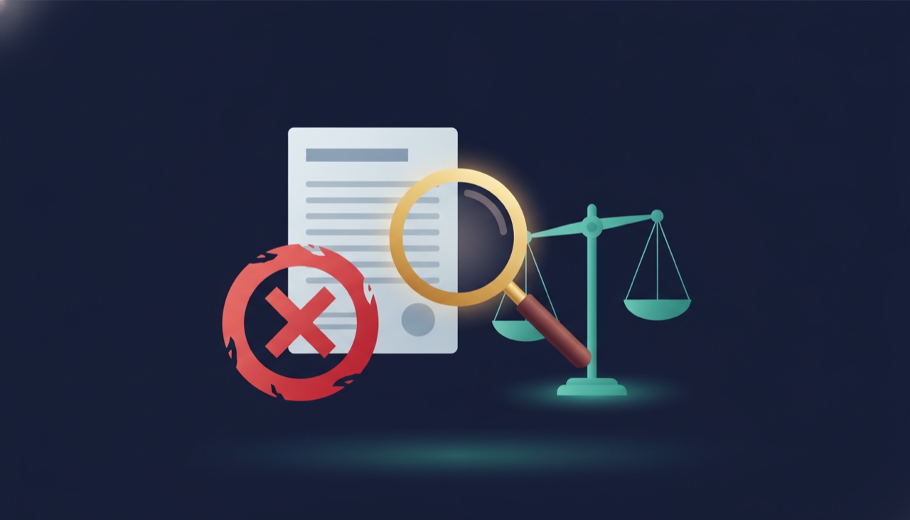 A document with a stamped rejection mark beside a magnifying glass and a glowing balance scale