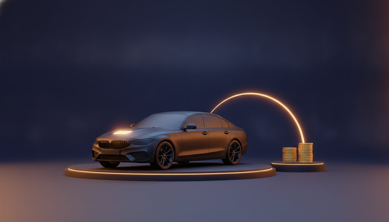 Illustration of a defective car on a display pedestal with a glowing exchange arrow looping toward a stack of coins, representing a lemon law buyback