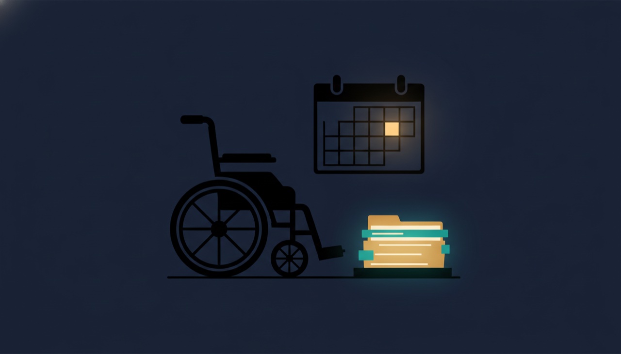A wheelchair silhouette beside a wall calendar with one glowing date tile and a stack of files