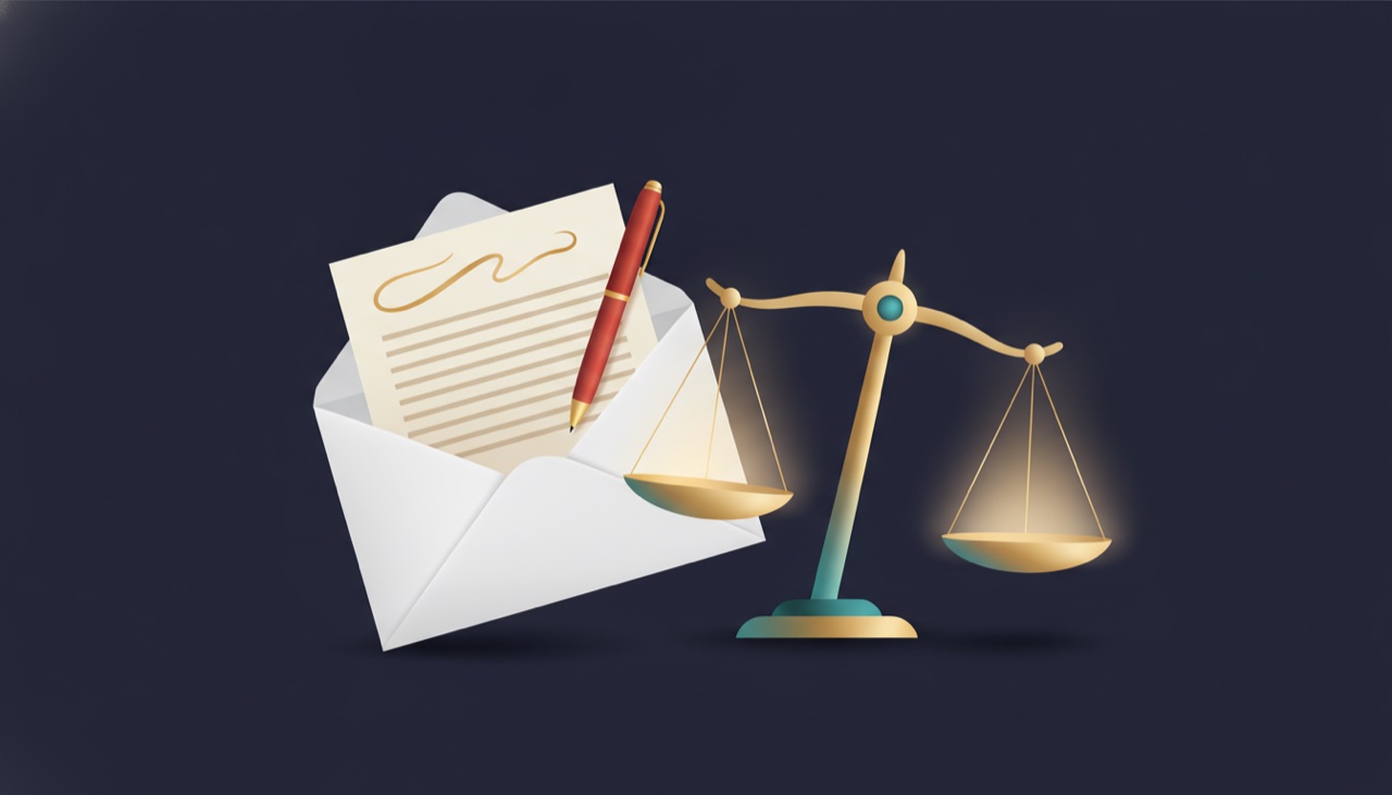 An open envelope with a settlement letter, a red pen, and a glowing balance scale tipping upward
