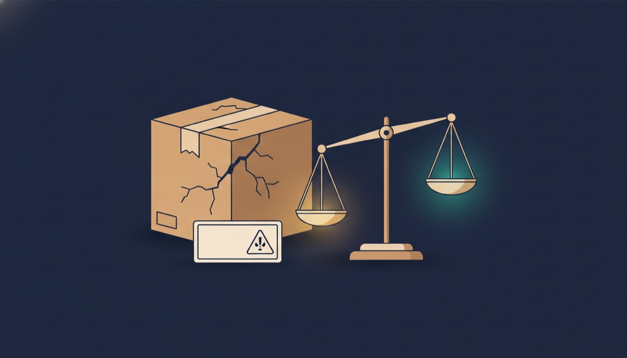 A cracked consumer product box with a warning label beside a glowing balance scale