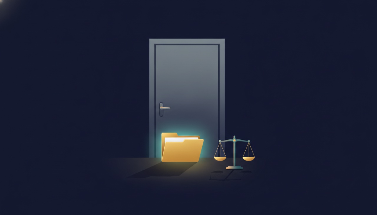A closed office door with a single glowing folder in front of it and a small balance scale