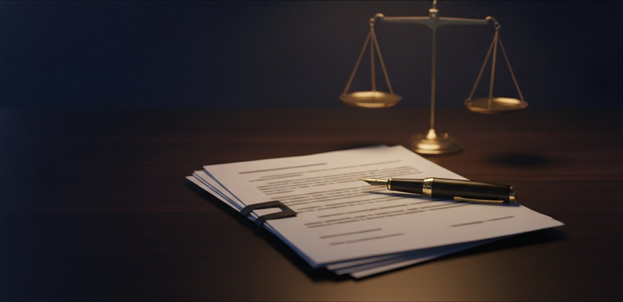 Illustration of a severance agreement document with a pen resting on the signature line and a balance scale in the background