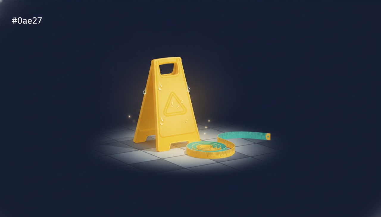 A wet-floor caution cone on a tiled floor with a glowing measuring tape beside it