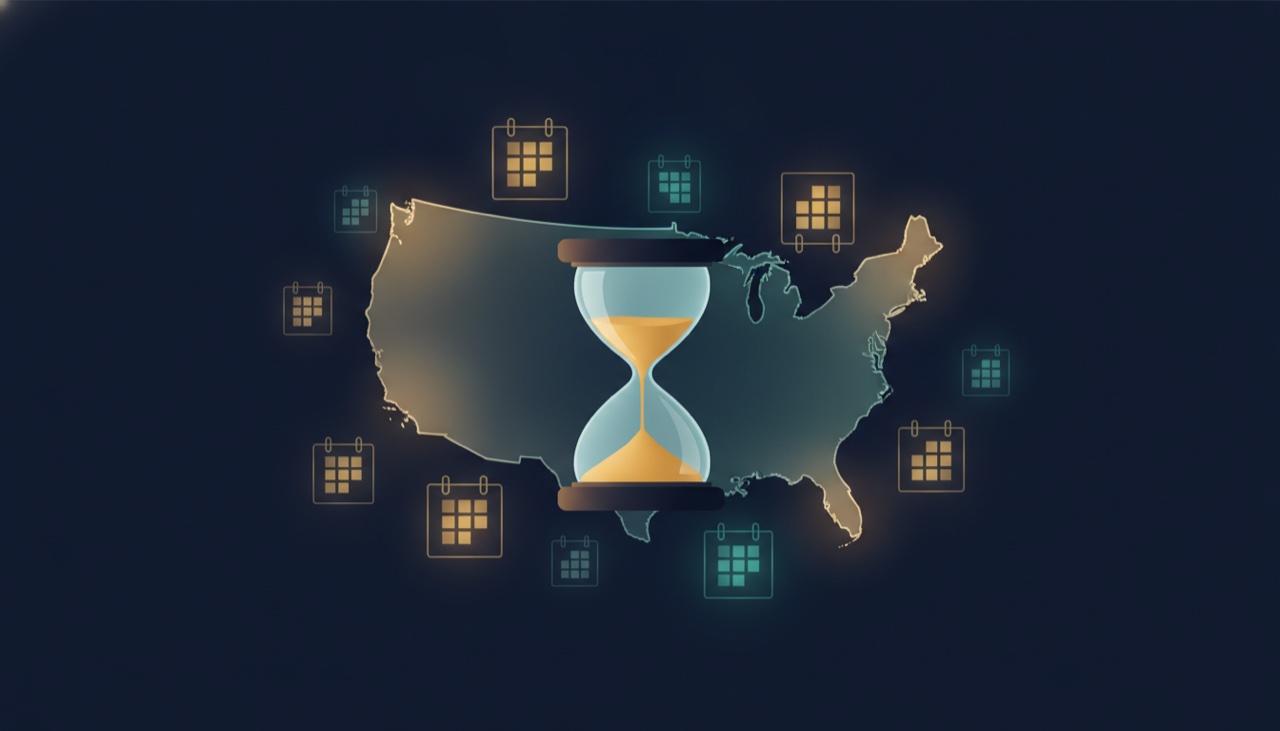 An hourglass in front of an outline map of the United States surrounded by glowing calendar tiles