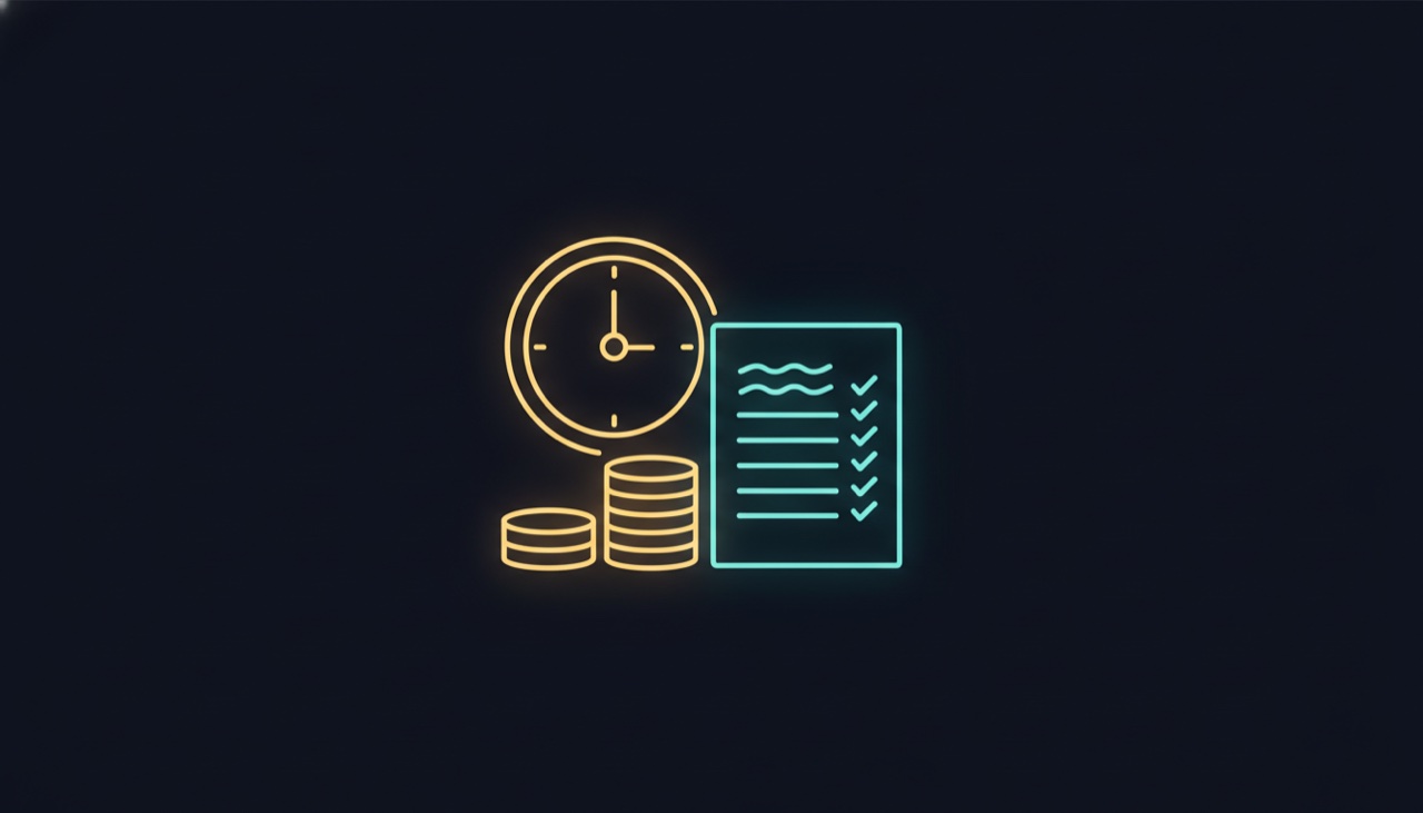 A wall clock past midnight beside stacked coins and a timesheet