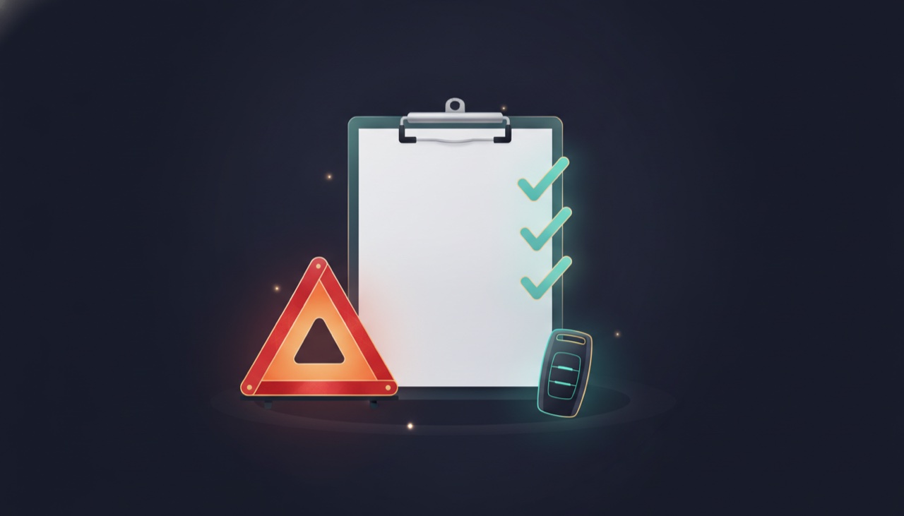 A clipboard with glowing check marks beside a roadside warning triangle and a car key