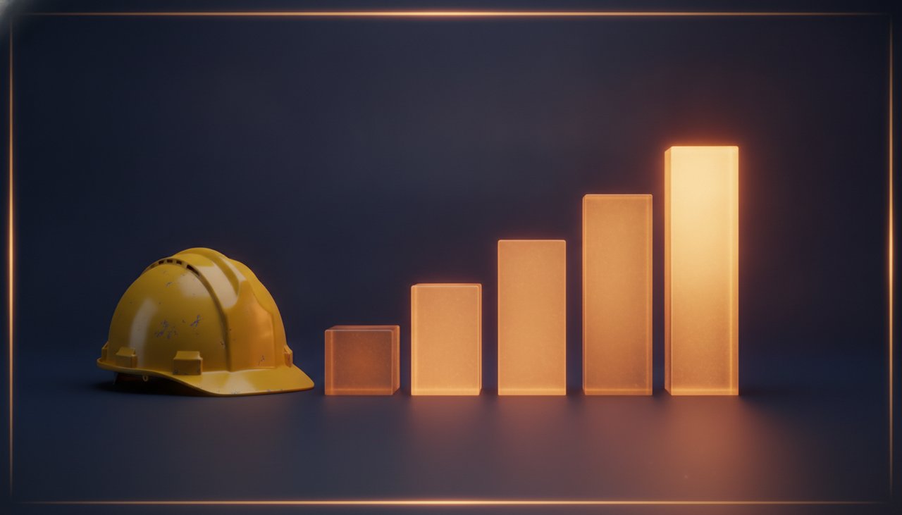 Illustration of a worker’s hard hat beside an ascending row of glowing blocks representing rising workers’ compensation benefit levels