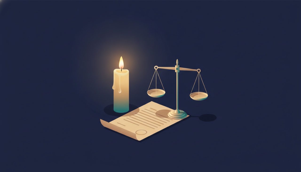 A single lit candle beside a folded document and a small balance scale