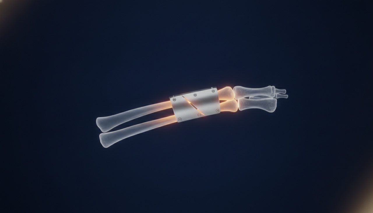 Illustration of a fractured forearm bone repaired with a titanium plate and surgical screws