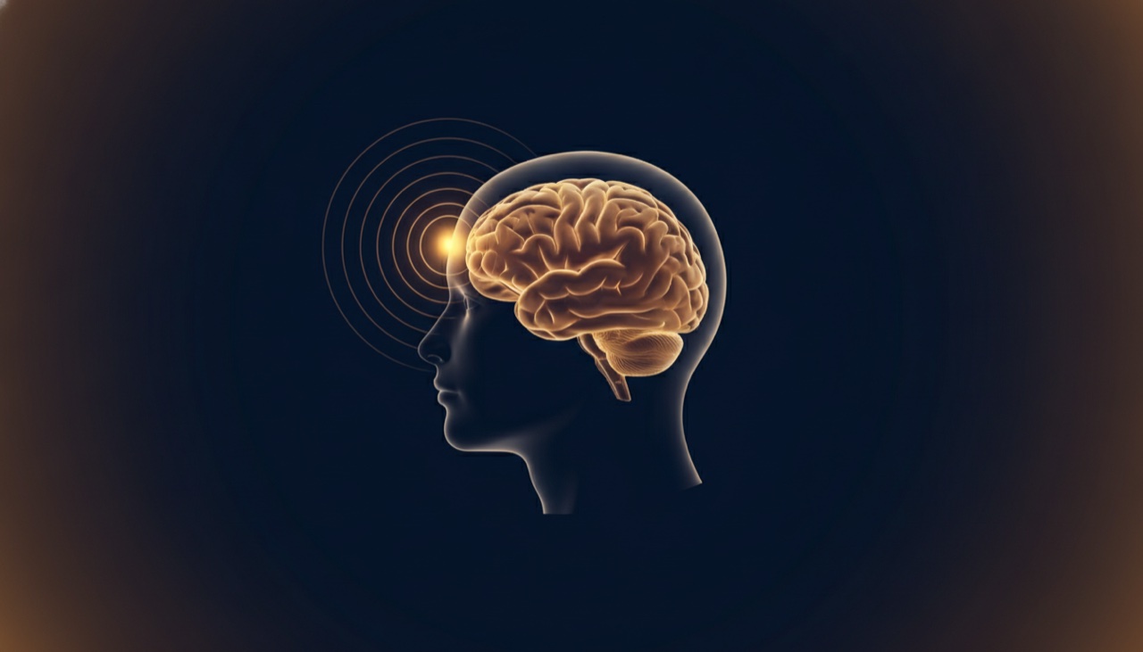 Illustration of a translucent human head in profile with the brain highlighted and ripples spreading from the point of impact
