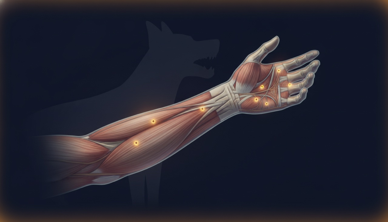 Illustration of a forearm and hand with a layered skin cross-section showing how deeply a dog bite can puncture