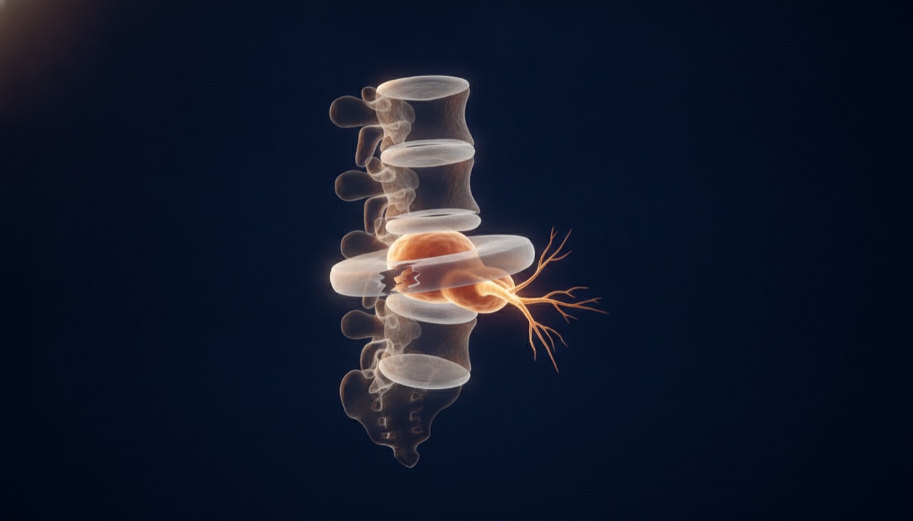 Illustration of a herniated lumbar disc bulging through its outer ring and pressing on a spinal nerve root