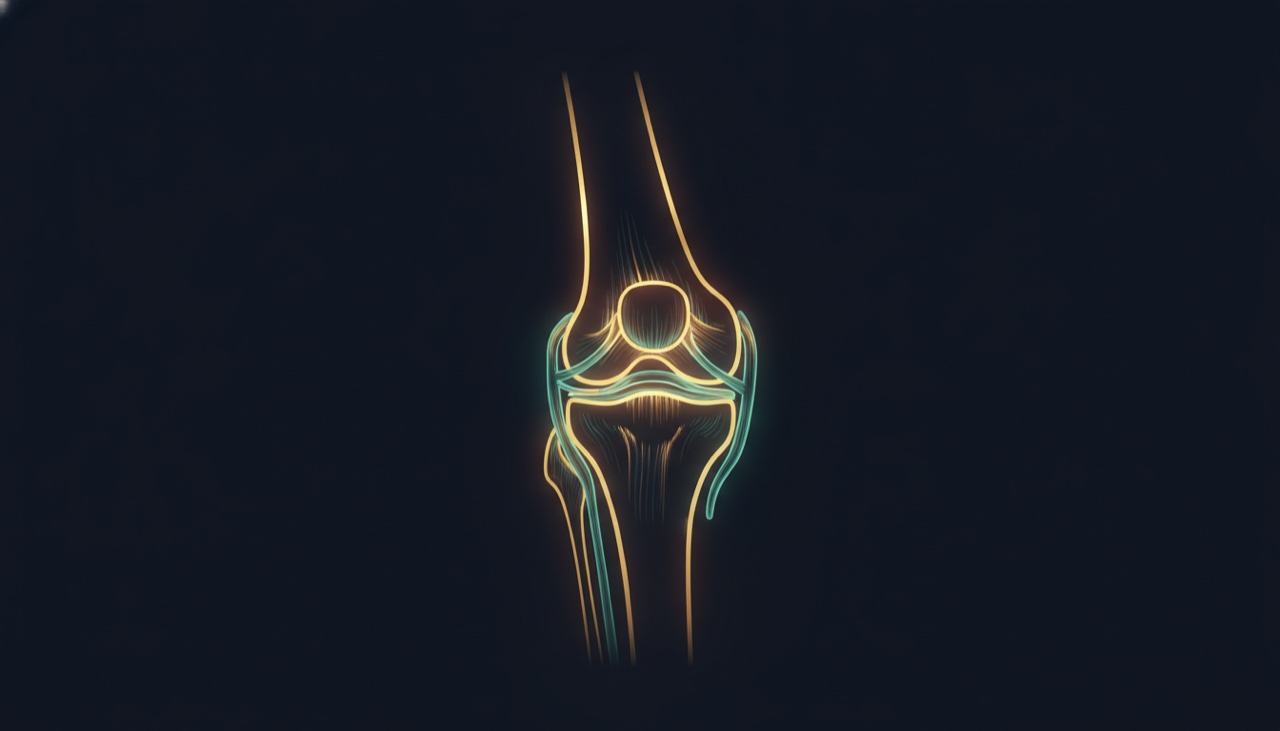 Stylized illustration of the knee joint showing the meniscus and the ligaments