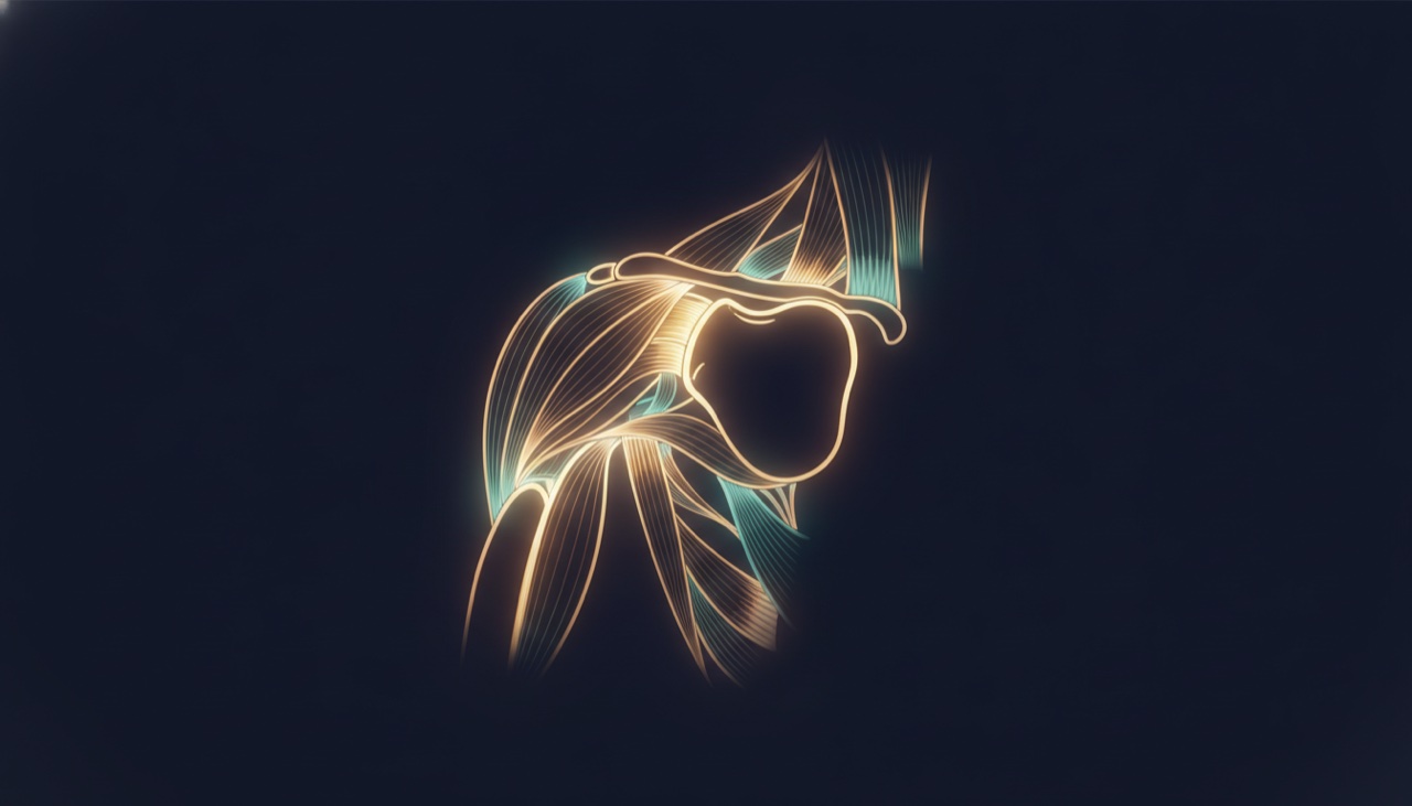 Stylized illustration of the shoulder joint showing the rotator cuff tendons and the humeral head