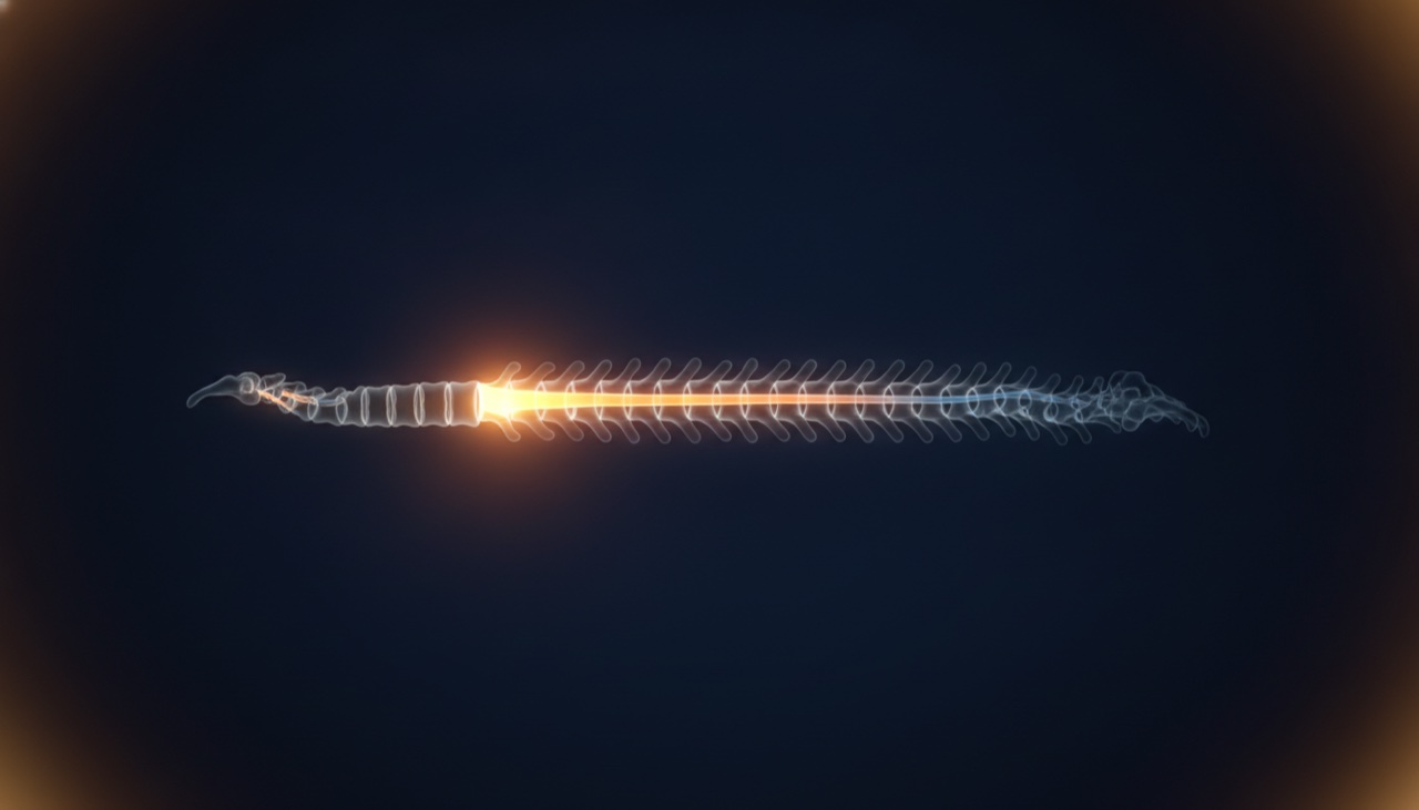 Illustration of the human spinal column with the spinal cord glowing inside, dimming below the level of injury