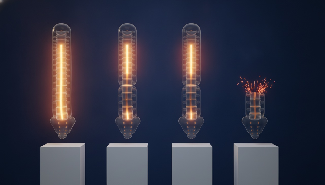 Four-stage progression of spinal cord injury severity, from incomplete injury with preserved function to complete paralysis